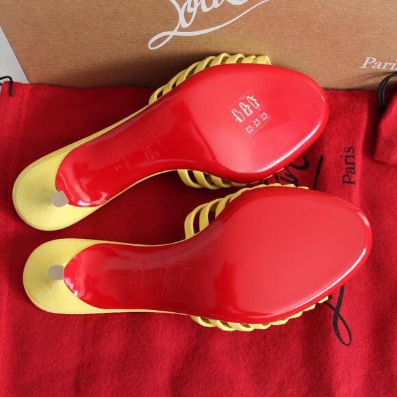 Christian Louboutin Belbrossa Yellow Suede Pompom Fringe Slip-On Kitten Heels - Picture 14 of 16